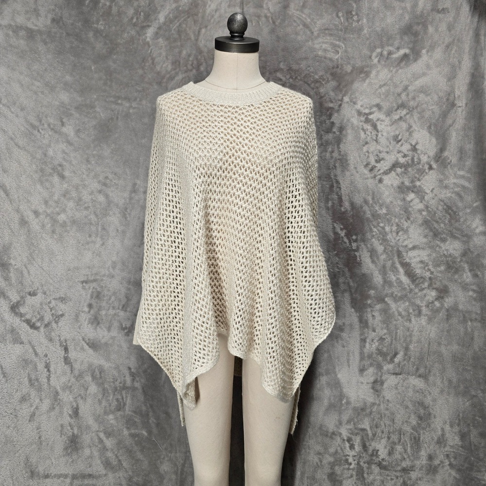 Aeropostale Women Cream Open Knit Crochet Poncho Sweater Boho Coastal Festival M
